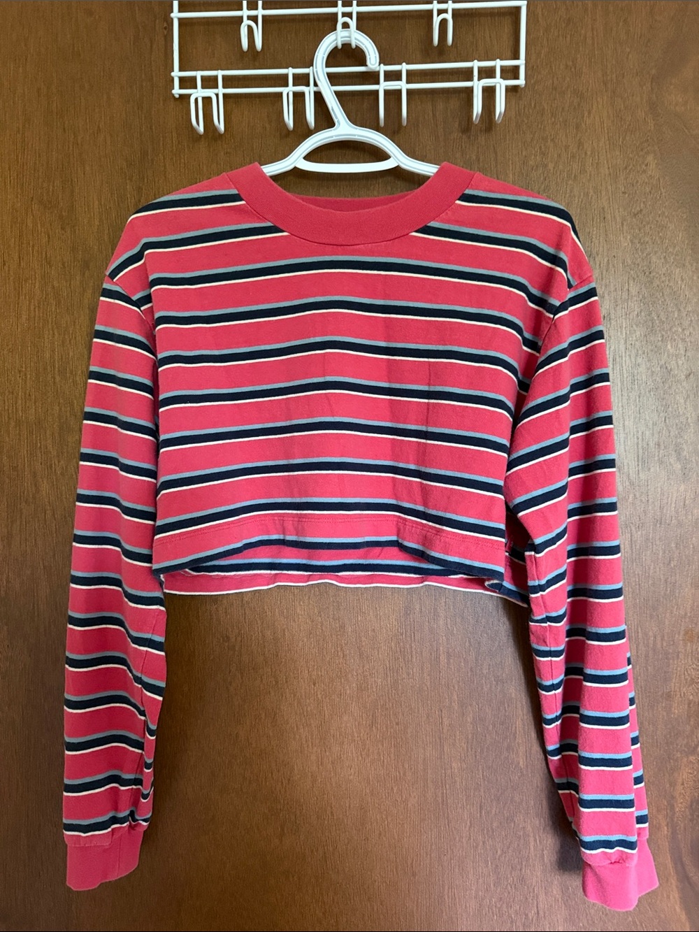 TNA Striped Cropped Crewneck Top - Red, Navy & Light Blue